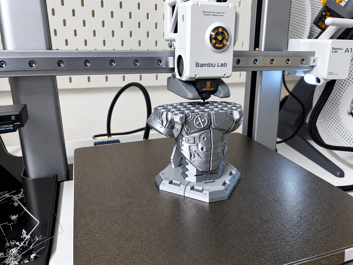 Impresora 3D Bambu Lab fabricando una pieza con detalle mecánico en gris plata
